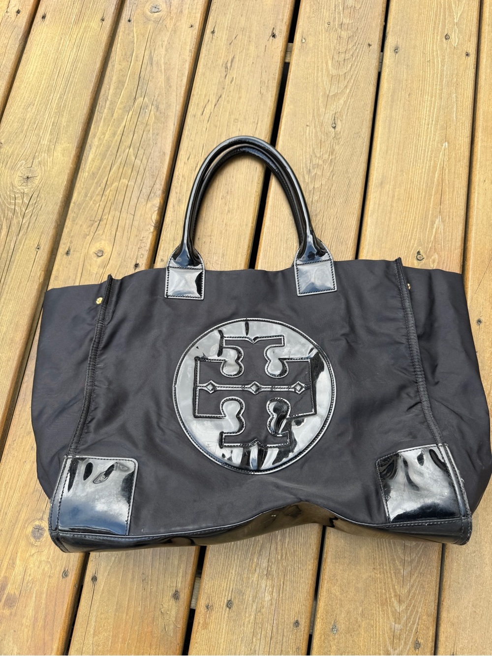 Tory Burch Ella Large Tote Black Nylon Patent Leather Shoulder Bag